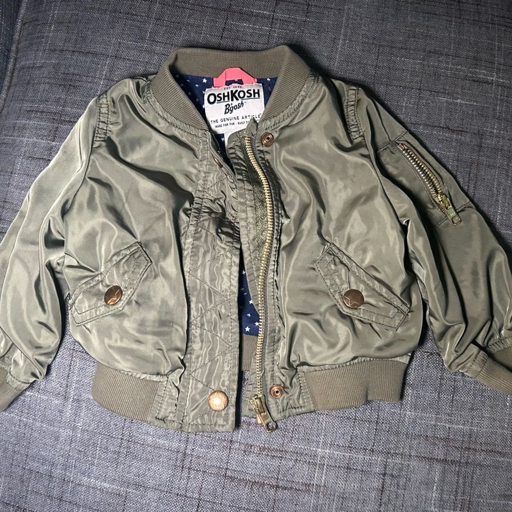 OshKosh B’gosh Toddler 18M Bomber Jacket Olive Green Zip Up Outerwear